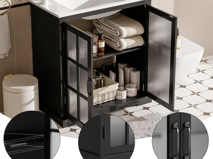 Modern Bathroom Vanity With Ceramic Sink, Tempered Blurred Glass Doors