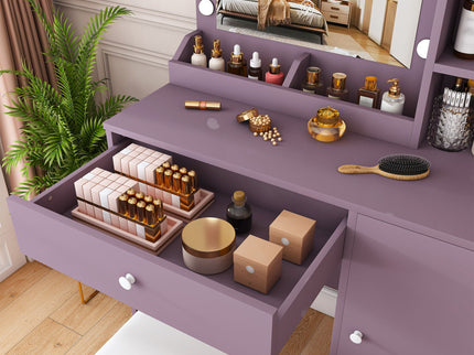 Vanity Desk Set With Padded Stool And Adjustable LED Mirror, 3 Color Light Modes - Purple