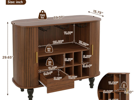 Fluted Liquor & Coffee Bar Cabinet With 6 Wine Racks And 3 Glass Holders