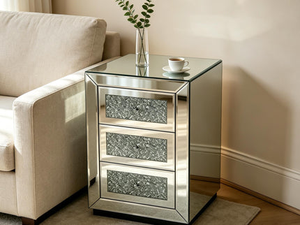 3 Drawer Nightstand With Glass Accents, Bedside Table For Bedroom - Silver