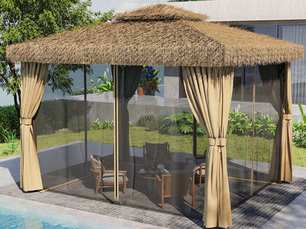 Outdoor Patio Gazebo With Double Canopy, Mosquito Net & Privacy Curtain - Brown