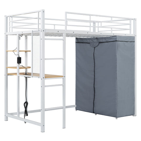 Loft Bed With Desk, Shelves, Power Outlet, LED Light And Wardrobe