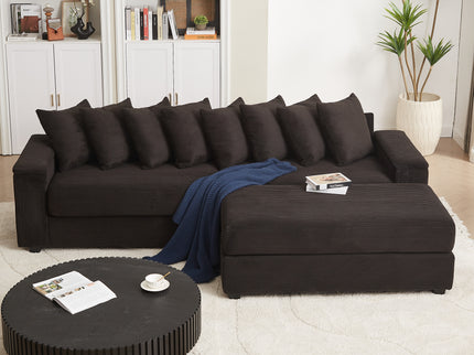 Luxe Oversized L-Shaped Sectional Sofa with Chaise – Plush Corduroy Upholstery, 8 Pillows & Armrest Storage