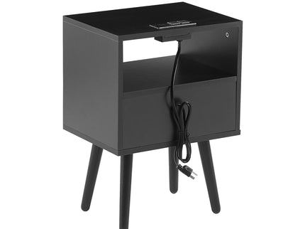 15.75" Rattan End Table With Power Outlet & USB Ports, Modern Nightstand With Drawer And Solid Wood Legs, Side Table For Living Room, Bedroom