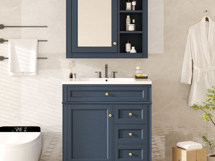 Bathroom Vanity With Top Sink, 2 Doors And 3 Drawers, Freestanding Set With Mirror Cabinet