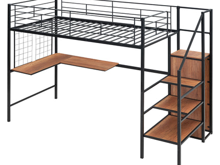 Loft Bed With Desk And Grid, Stylish Frame With Lateral Storage Ladder And Wardrobe