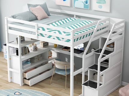Loft Bed With Desk, Shelves, 2 Drawers, Storage Staircase