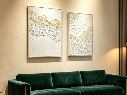 Framed Wall Art, Textured Canvas Painting With Accents, Decor For Living Room (Set of 2) - Antique White