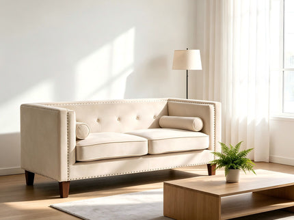 Button Tufted Square Arm Loveseat Sofa With Nailhead Trim, Upholstered 2 Seater Couch - Ivory