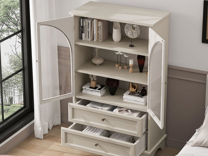 Glass Door Display Case With 2 Drawers And Adjustable Shelf