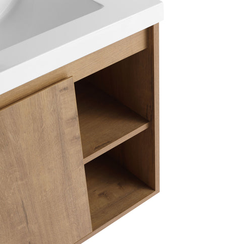 Modern 48" Wall Mounted Bathroom Vanity With Double Resin Sink And Storage Rack Soft Close Doors - Imitative Oak