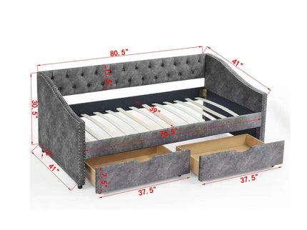 Upholstered Tufted Daybed With 2 Drawers, Waved Arms