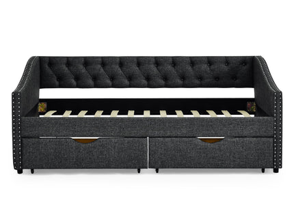 Upholstered Tufted Daybed With 2 Drawers, Waved Arms