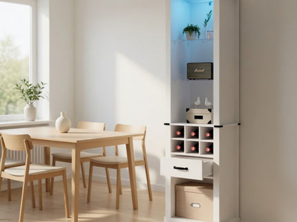 Pantry Cabinet With LED Lights, Wine Rack, Tempered Glass Shelves, And Barn Door Design - White