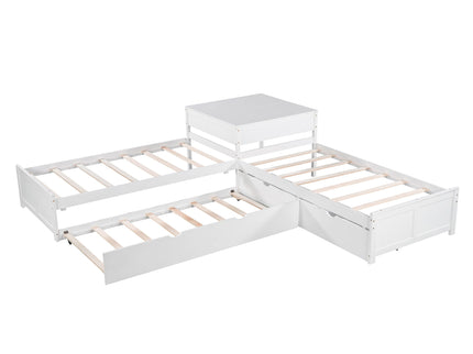 L Shaped Platform Bed With Trundle And Drawers Linked With Built In Desk
