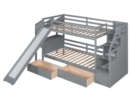 Bunk Bed With Storage Staircase, Slide, Desk, Drawers, And Shelves