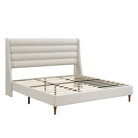 Modern Upholstered Platform Bed With Wave Shaped Headboard