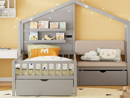 House Bed With Upholstered Sofa, Wireless Charging Station, Shelves And 2 Drawers