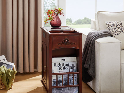 Traditional End Table With Charging Station, Narrow Side Table With USB Ports And Outlets - Red Walnut