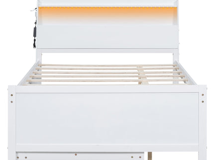 Full Size Platform Bed With Storage LED Headboard, Twin Trundle And 3 Drawers - White