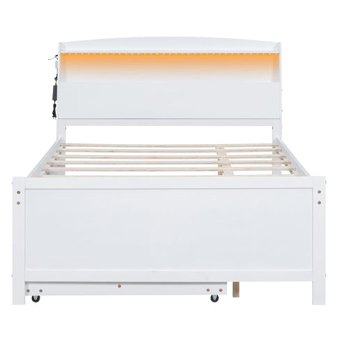 Full Size Platform Bed With Storage LED Headboard, Twin Trundle And 3 Drawers - White