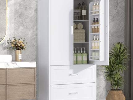 Tall Bathroom Storage Cabinet With 2 Doors And Drawers, Adjustable Shelf