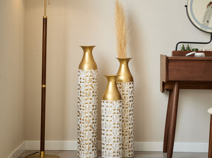 Mother's Day Gift Set Gilded White 3D Relief Flower Metal Vase Set - White / Gold