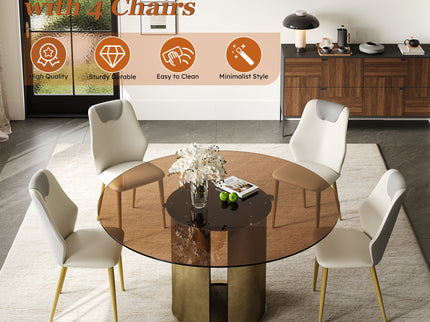 Modern Round Dining Table Set With Glass Top And Steel Legs