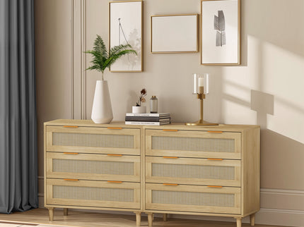 3 Drawers Rattan Storage Cabinet Rattan Drawer, For Bedroom, Living Room, Dining Room, Hallways (Set of 2) - Oak