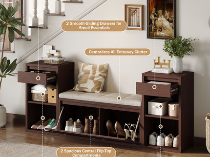 Entryway Storage Bench With Cushion, Drawers & Open Shelves