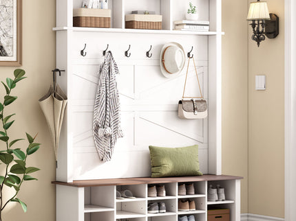 4 In 1 Hall Tree With 6 Hooks, Entryway Bench With Adjustable Shelves - White