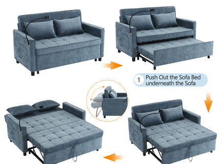 Pull-Out Sleeper Sofa With Reversible Backrest Cushion, Side Pockets, 2 USB Ports And A Phone Holder For Living Room