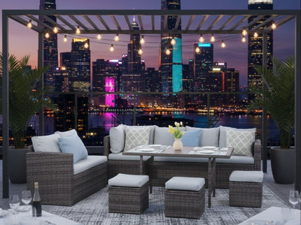 7 Piece All Weather Patio Dining Set With Cushions, Sectional Sofa, Ottomans & Table For Backyard - Gray / Brown
