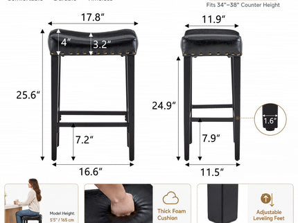 Bar Stool With Brass Nailhead Trim (Set of 2) - Black