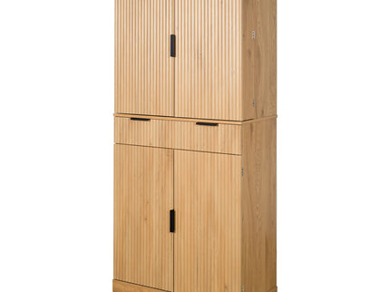 Fluted Kitchen Pantry Cabinet With 3 Keyboard Drawers & 6 Door Shelves Adjustable