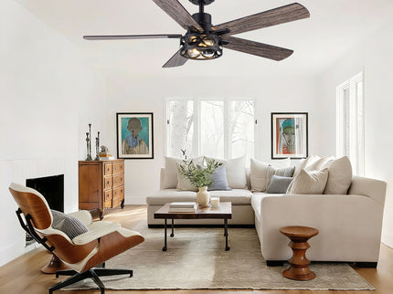 Ceiling Fan With Light, Dual‑Sided Matte Black & Wood Grain Blades - Black