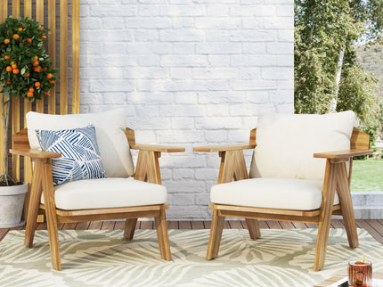 Outdoor Acacia Wood Club Chairs With Cushions (Set of 2) - Teak / Beige