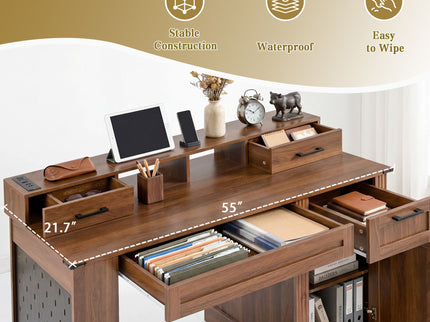 Office Desk With Storage Cabinet, Charging Station, Monitor Stand & Pegboard
