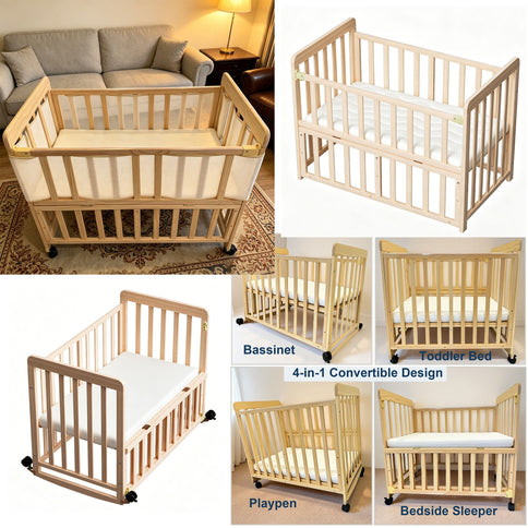 Portable Pne Bedside Bassinet, Crib With 3 Adjustable Heights, Compact Design - White