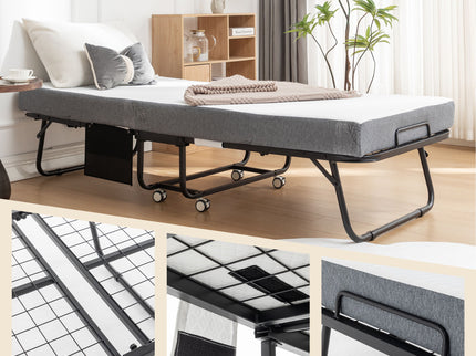 Foldable Metal Frame Bed For Guest With Memory Foam Mattress On Wheels, Saving Space Rollaway Bed