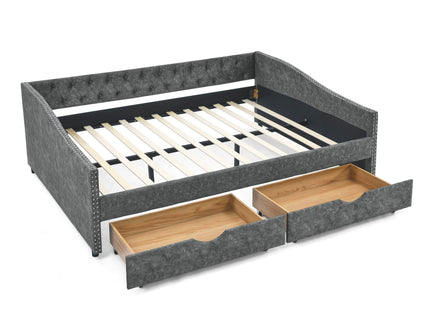 Queen Size Upholstered Daybed With Tufted Back And Nail Trimmed Waved Arms - Gray