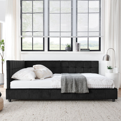 Storage Elegant Upholstered Tufted Bed Frame With Backrest And Armrests