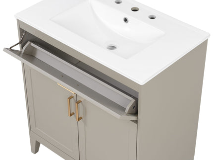 30" Bathroom Vanity With Sink Top, Soft Close Double Doors & Tip Out Drawer, Adjustable Interior Shelf, Door Mounted Organizers - Beige