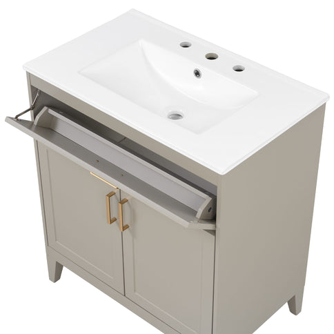 30" Bathroom Vanity With Sink Top, Soft Close Double Doors & Tip Out Drawer, Adjustable Interior Shelf, Door Mounted Organizers - Beige