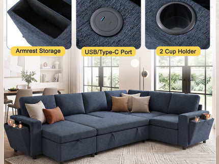 U - Shaped Convertible Sectional Sofa Bed With Storage, USB Charger & Cup Holders
