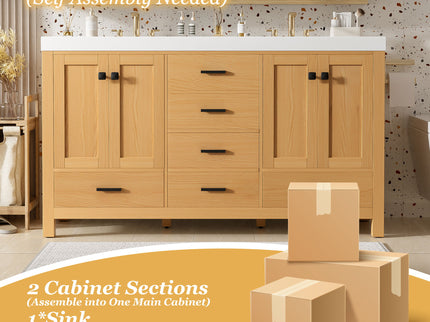 Bathroom Vanity With Double Sink, Soft Close Doors & Drawers Handles - Wood