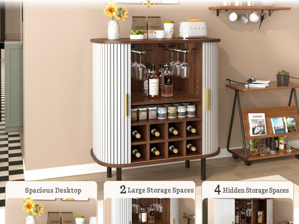 Fluted Wine Bar Cabinet With 8 Grid Wine Rack, 5 Level Adjustable Shelves, 2 Glass Holders