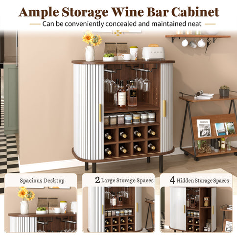 Fluted Wine Bar Cabinet With 8 Grid Wine Rack, 5 Level Adjustable Shelves, 2 Glass Holders
