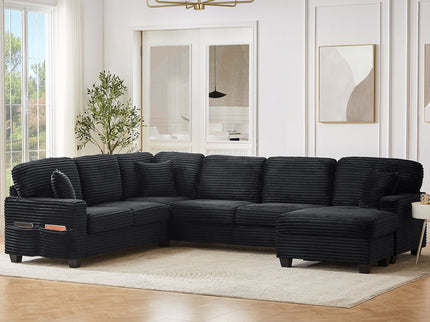 Upholstered U-Shaped Sectional Sofa With Movable Ottoman And Side Storage Pockets