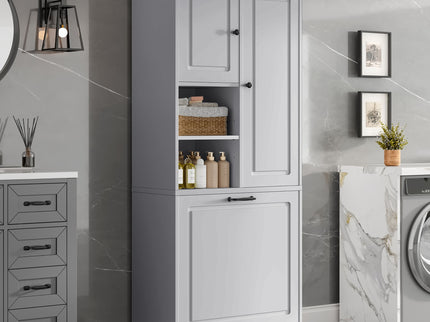 Modern Tall Storage Cabinet With Adjustable Shelves, Flip-Out Basket & Enclosed Doors